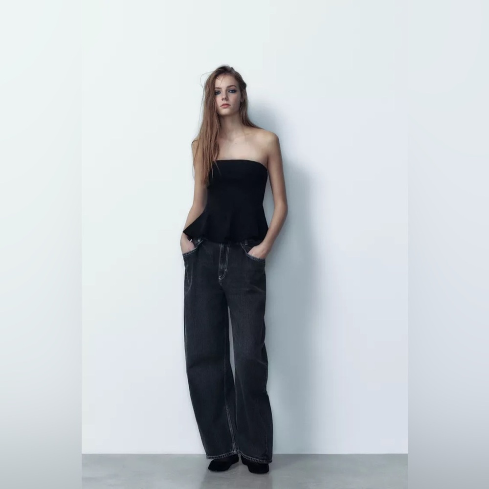 ZARA FAUX SUEDE STRAPLESS PEPLUM TOP